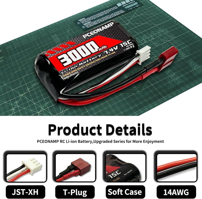 PCEONAMP 7.4V Li-ion Battery 3000mAh 2S with T Plug Rechargeable RC Battery Fit for 4WD High Speed RC Cars and Most 1/10, 1/12, 1/16 Scale RC Cars Trucks with 2 USB Chargers - Image 3